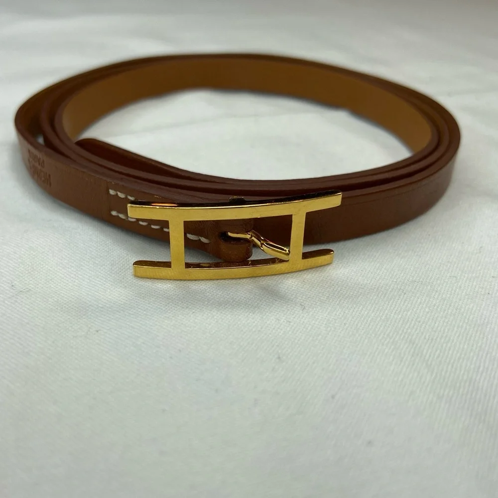Hermes Mens Tan Leather Wrap  bracelet‎ Gold Tone H Buckle